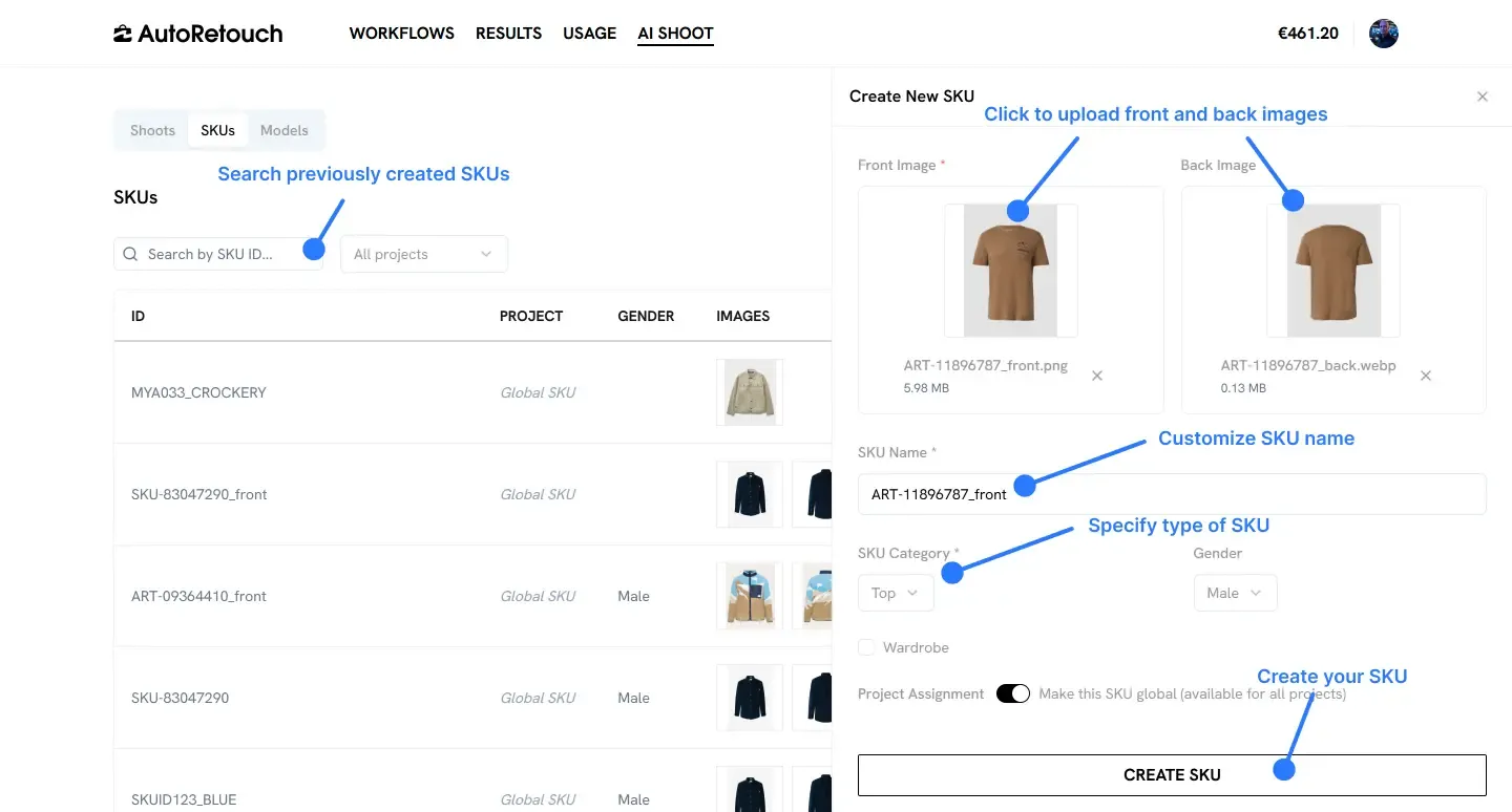 SKU creation interface