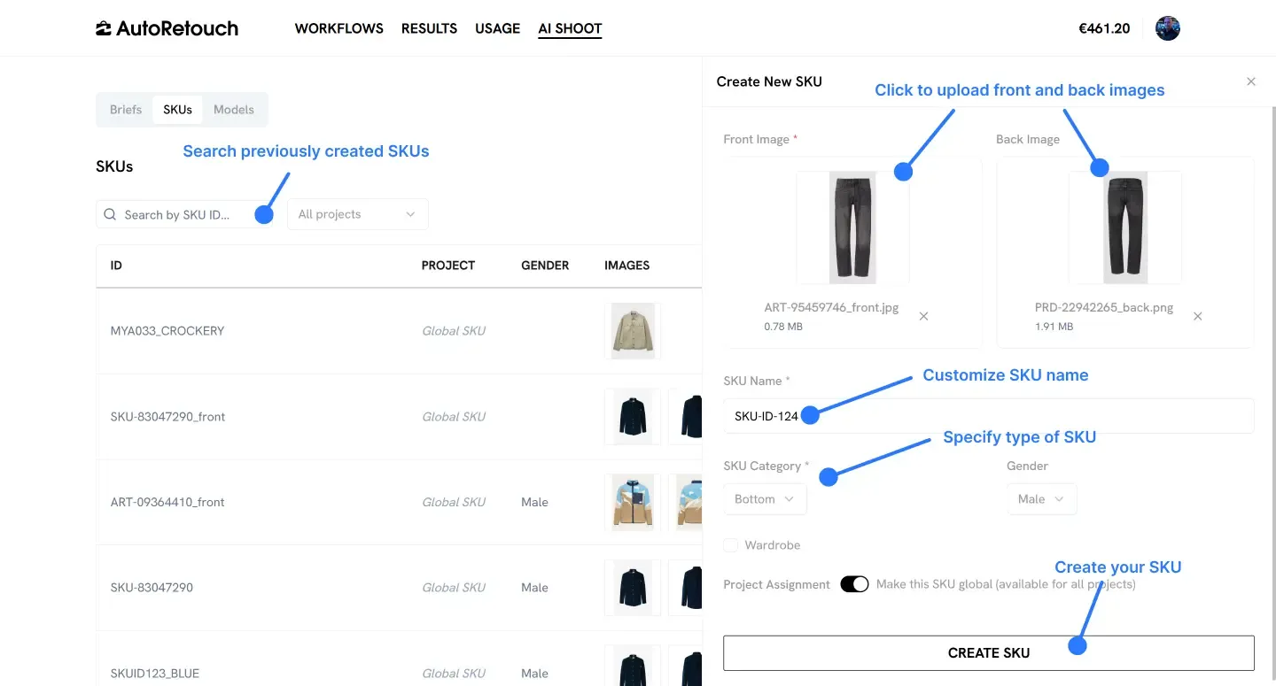 SKU creation interface