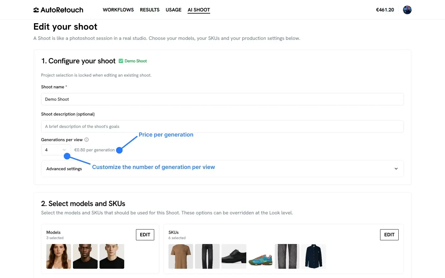Shoot page configuration